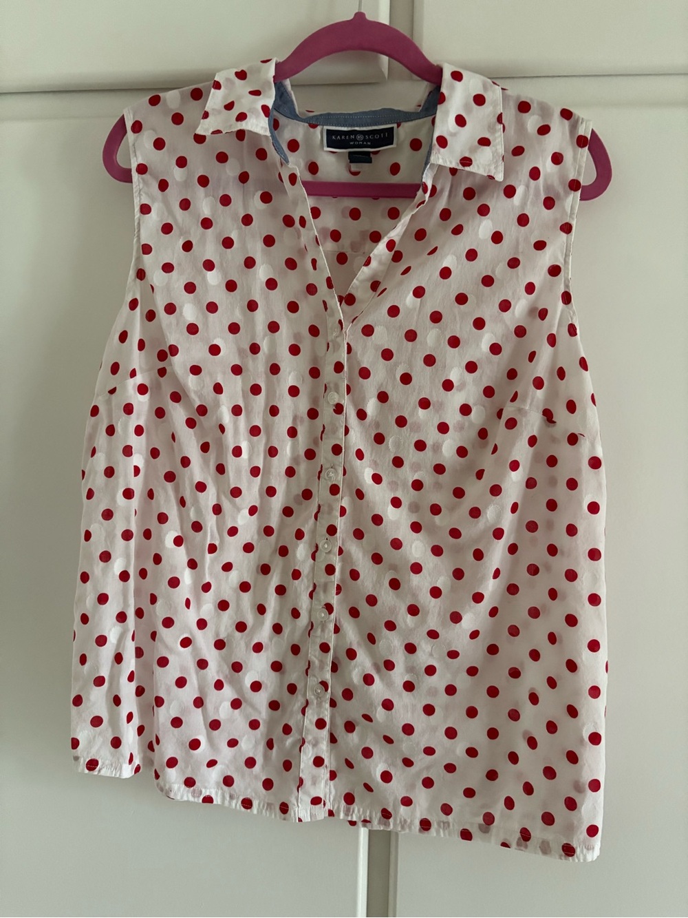 Sleeveless Button-Down Shirt - White with Red Polka Dots